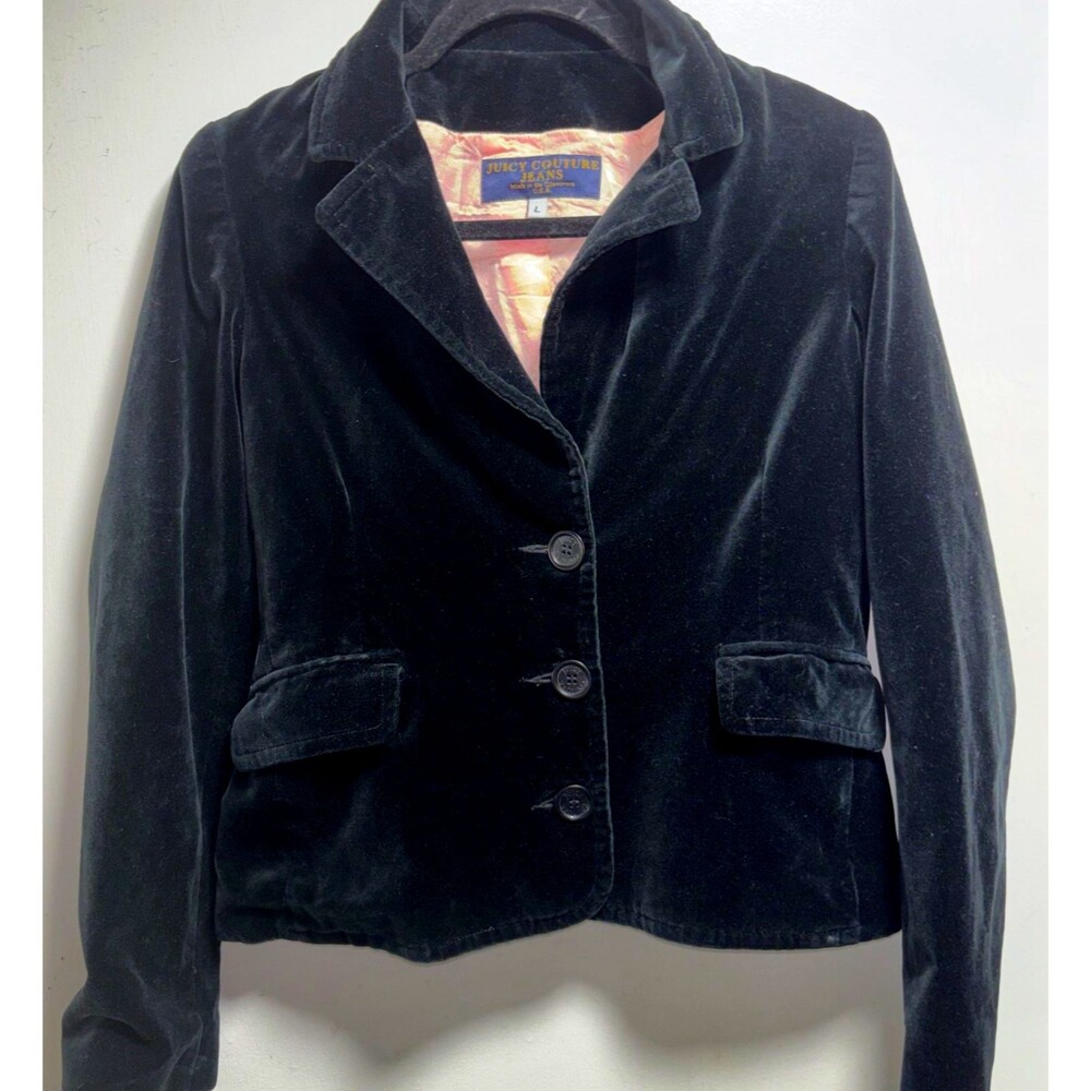 Vintage Juicy Couture Black Velvet Jacket Blazer with Pink Lining Size Large USA
